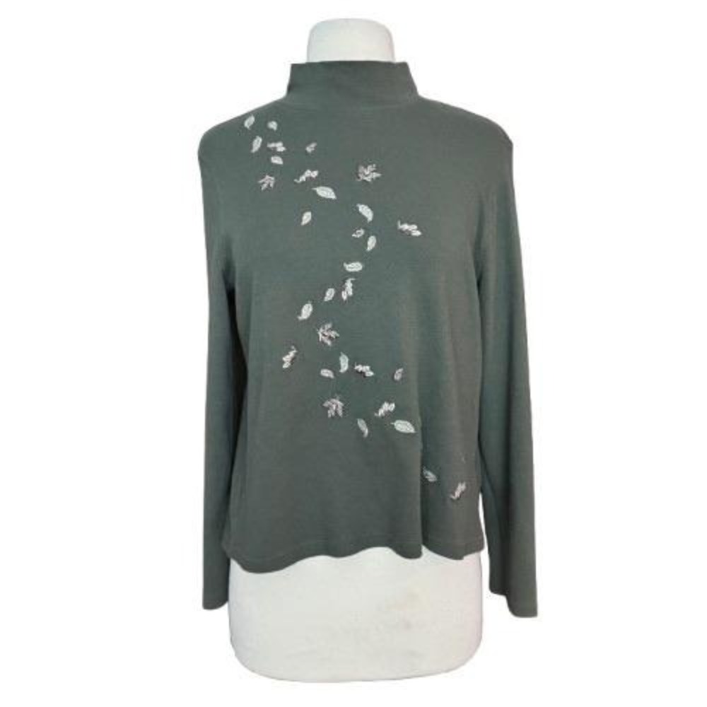 Petite Large Moss green long sleeve mock turtleneck embroidered leaves forest - Picture 1 of 8